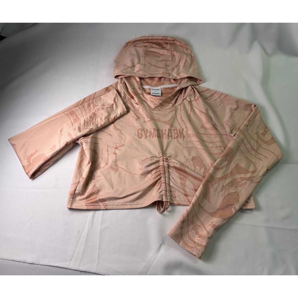 GYMSHARK Women's Cropped Hoodie Sweatshirt Size L Pink Marble Print Drawstring